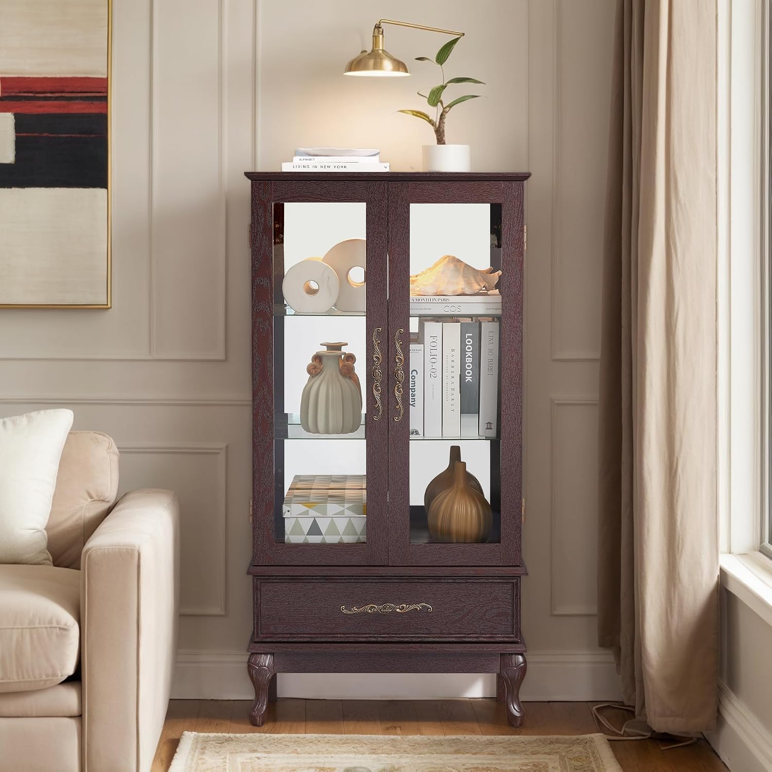 52" Lighted Accent Curio Cabinet, 3-Tier Antique Storage Cabinet with Tempered Glass Adjustable Shelves & Drawer, Acrylic Panel, Bulb Included, China Display Case for Living Room/Kitchen (Dark Cherry)