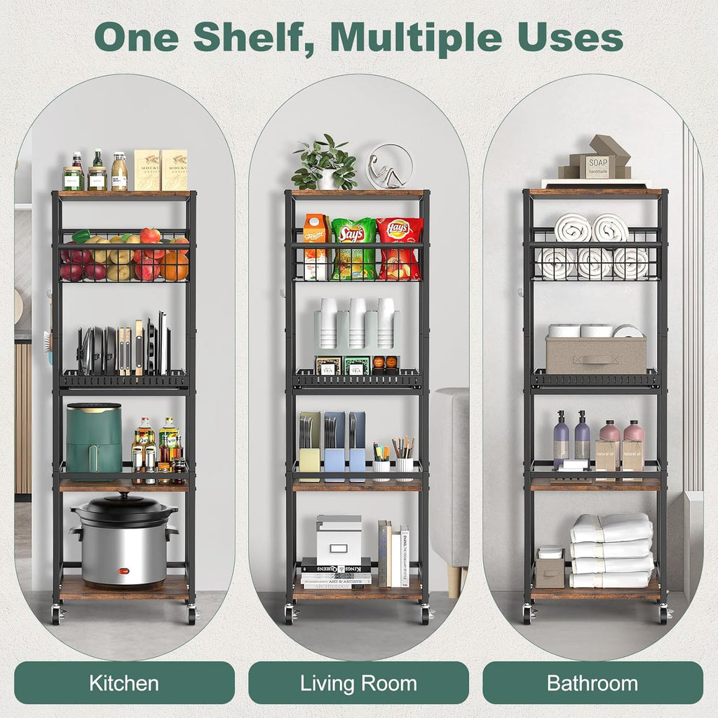 Housolution 5 Tier Kitchen Rolling Cart, Storage Cart with Metal Fruit Vegetable Basket and Pull-Out Pot Lid Cutting Board Organizer, Storage Rack with Wooden Top for Kitchen, Pantry, Bathroom