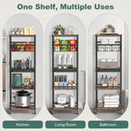 Housolution 5 Tier Kitchen Rolling Cart, Storage Cart with Metal Fruit Vegetable Basket and Pull-Out Pot Lid Cutting Board Organizer, Storage Rack with Wooden Top for Kitchen, Pantry, Bathroom
