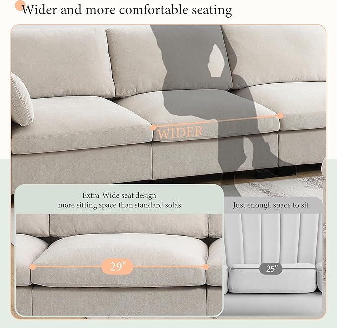 Ball & Cast Oversized Modular L Shaped Sectional Sofa W/Movable Ottoman and USB Ports,5 Seater Chenille Couch W/ 2 Armrest Pillows,Side Pocket & Folding Table,for Living Room,Apartment,Beige,130"
