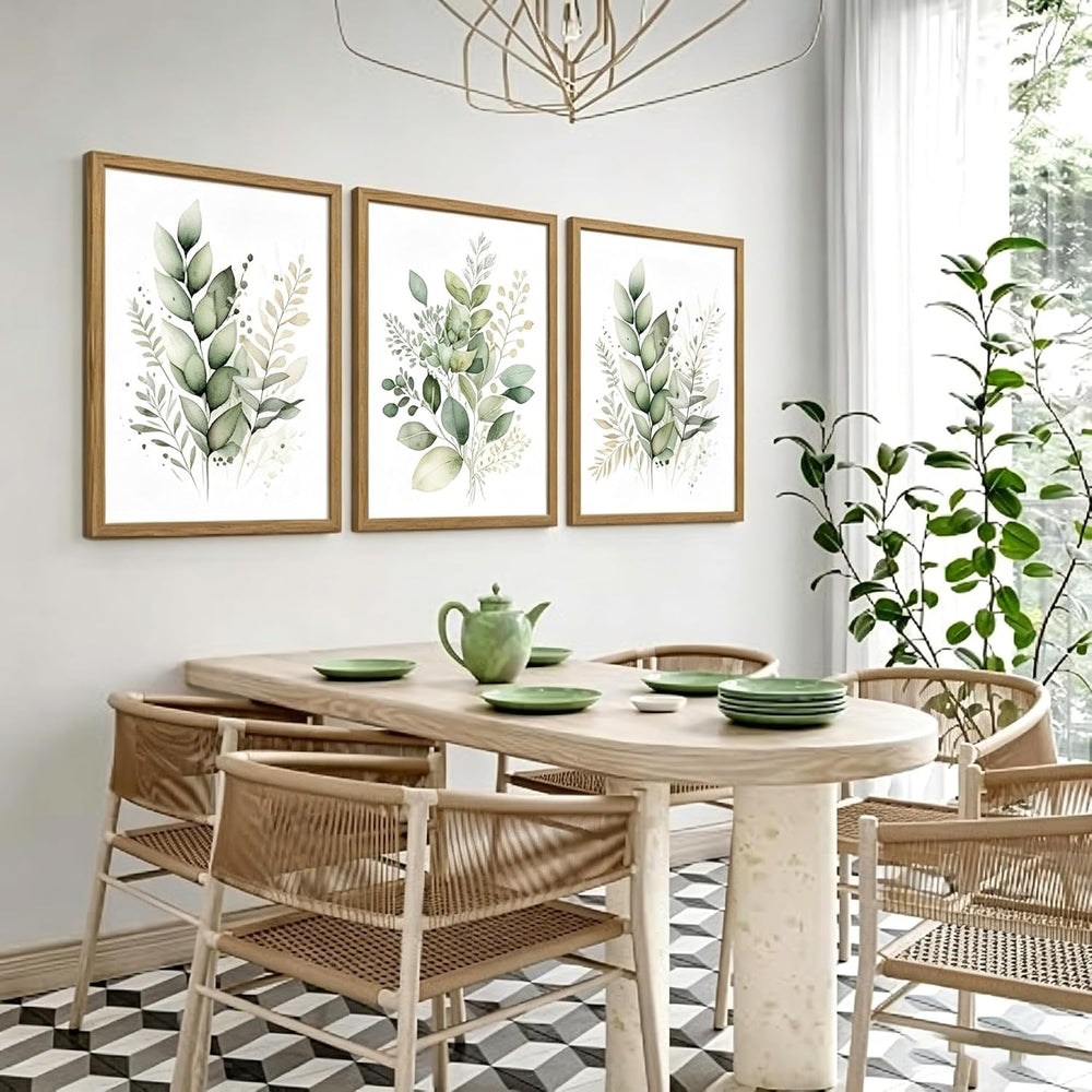 Sage Green Botanical Wall Art Set of 3, Modern Watercolor Eucalyptus Leaf Can...