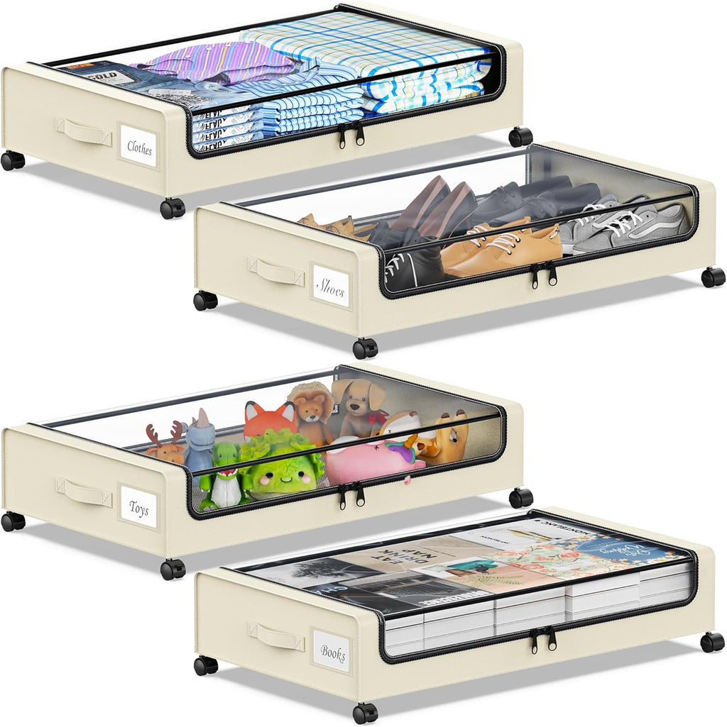 Under Bed Storage with Wheels, Under the Bed Storage Containers with Clear Lids & Label, Underbed Storage Bins, XXL 60L Rolling Metal Drawer for Clothes, Shoes, Toys, Books (4-Pack Beige)