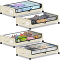 Under Bed Storage with Wheels, Under the Bed Storage Containers with Clear Lids & Label, Underbed Storage Bins, XXL 60L Rolling Metal Drawer for Clothes, Shoes, Toys, Books (4-Pack Beige)