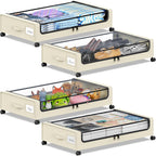 Under Bed Storage with Wheels, Under the Bed Storage Containers with Clear Lids & Label, Underbed Storage Bins, XXL 60L Rolling Metal Drawer for Clothes, Shoes, Toys, Books (4-Pack Beige)