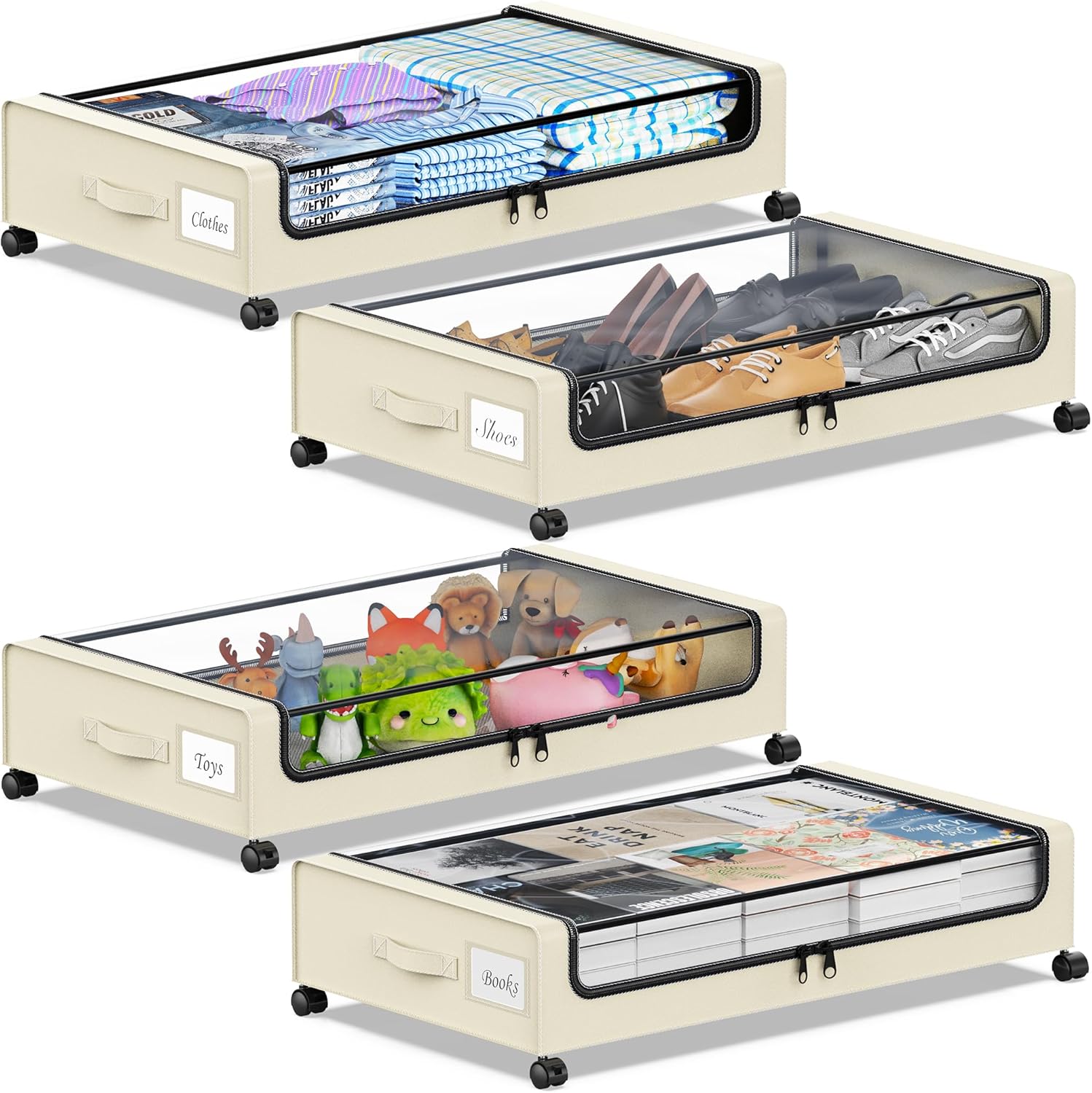 Under Bed Storage with Wheels, Under the Bed Storage Containers with Clear Lids & Label, Underbed Storage Bins, XXL 60L Rolling Metal Drawer for Clothes, Shoes, Toys, Books (4-Pack Beige)