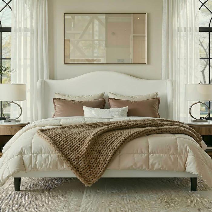 Allewie King Size Bed Frame, Plush Velvet Wingback, Modern Style, White