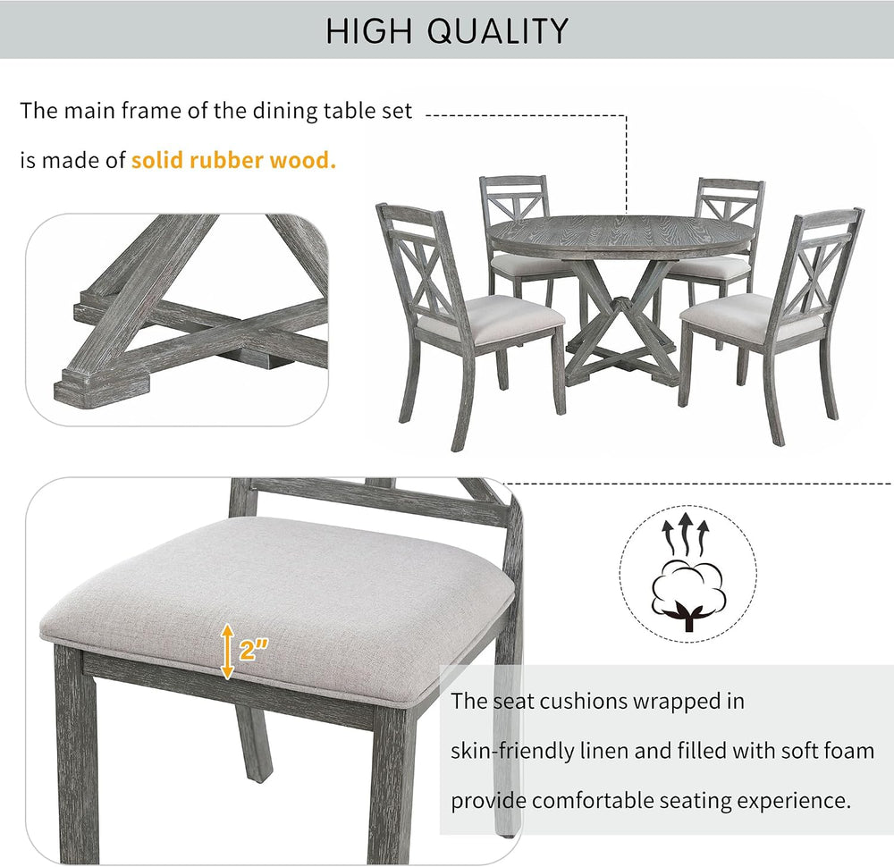 Merax Extendable Round Dining Table Set for 4, Farmhouse Kitchen Table Set wi...