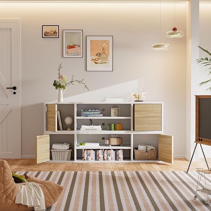 JUMMICO TV Stand for 65 Inch TV, Mid Century Modern TV Stand, Entertainment Center with Storage Cabinet and Open Shelves, TV Console Table Media Cabinet for Living Room, and Bedroom (White)