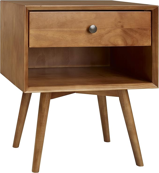 Walker Edison Mid Century Modern Wood Nightstand Side Table Bedroom Storage Drawer and Shelf Bedside End Table, 1 Drawer, Caramel