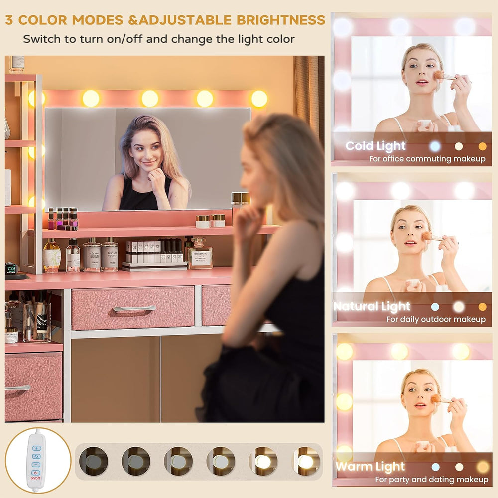 Vanity Desk with Mirror, 9 Lights, 3 Color Modes with Adjustable Brightness, ...
