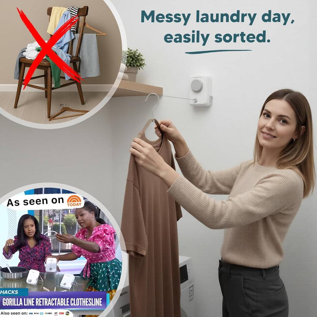 GorillaLine Max - Retractable Clothesline Indoor Outdoor Clothes Line - Heavy Duty Clothes Drying Laundry Line - Wall Mounted Drying Rack - Air Dry Clothing - Max Tighten with GorillaGrip