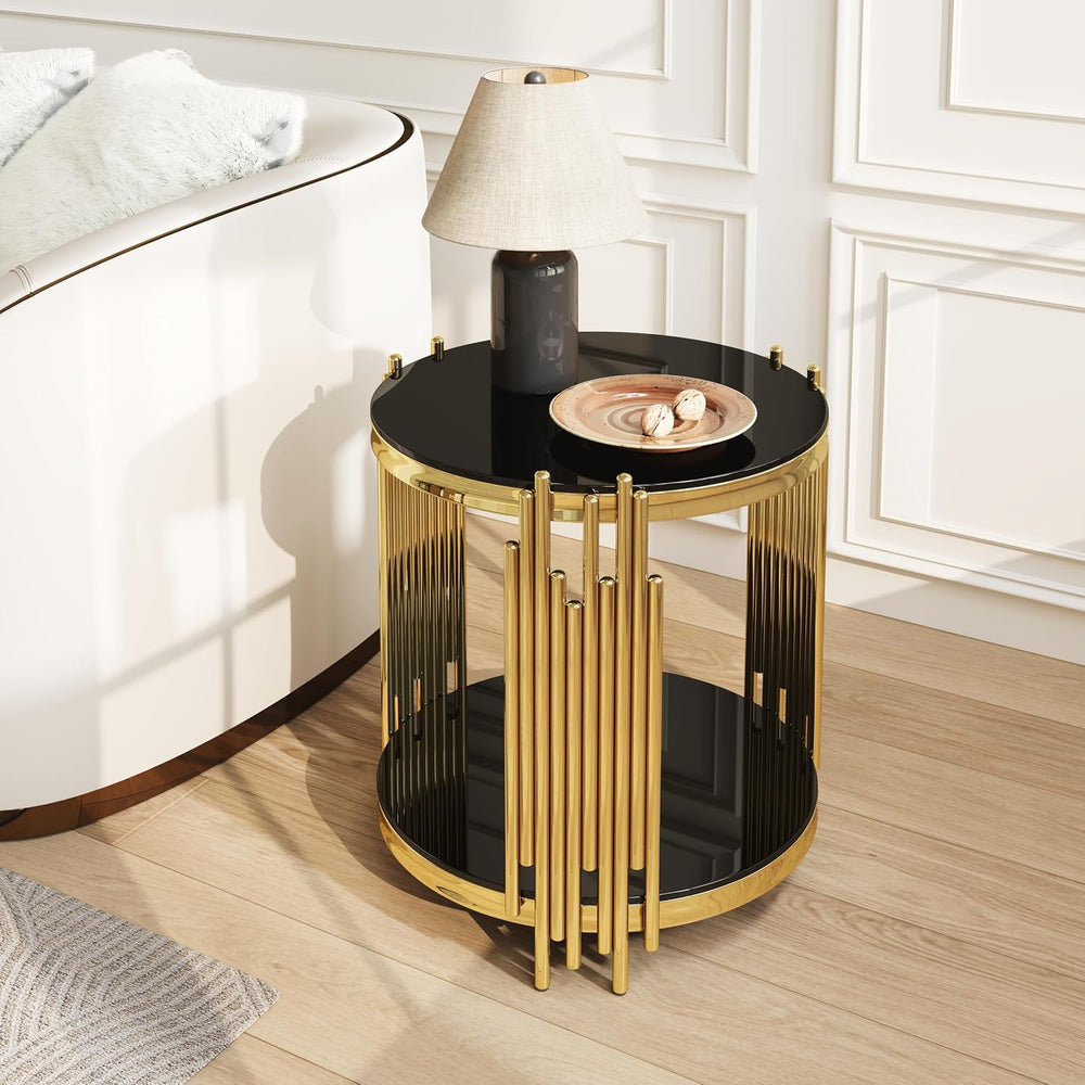 Round Glass End Table, 2-Tier Black Tempered Glass Modern 20" Gold Side ...