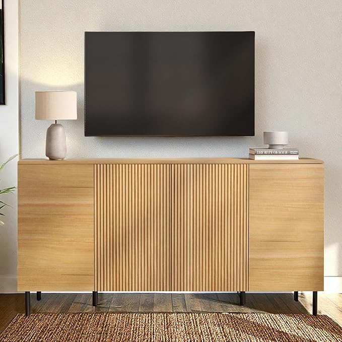 WAMPAT 61.6" TV Stand Cabinets for TVs up to 70 Inches, Entertainment Center with Storage Cabinets and 4 Doors, Mid Century Modern Media TV Console Table for Living Room Bedroom, Oak