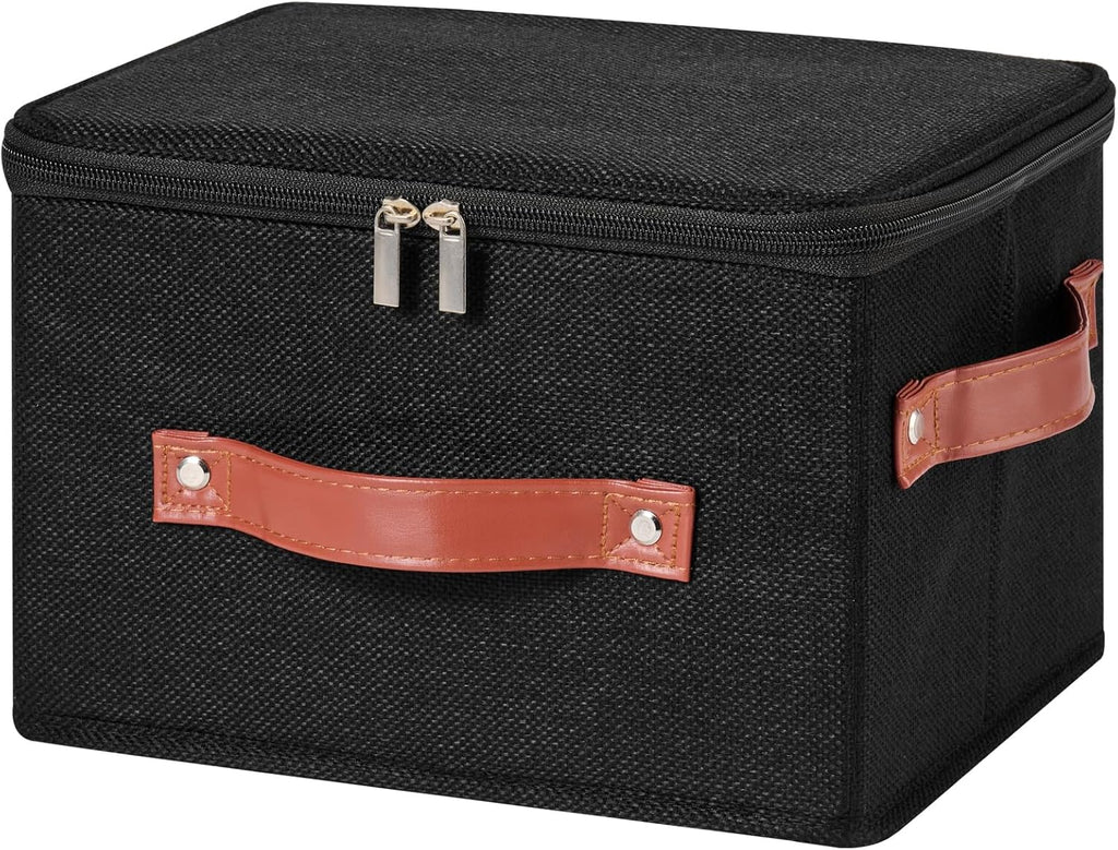 Storage Bin Box with Zippered Lid Decorative Collapsible Basket | Cotton Linen Fabric, Washable Foldable Stackable Clothes Container, Closet Shelf Organizer w/ PU Leather Handles, Black-Small