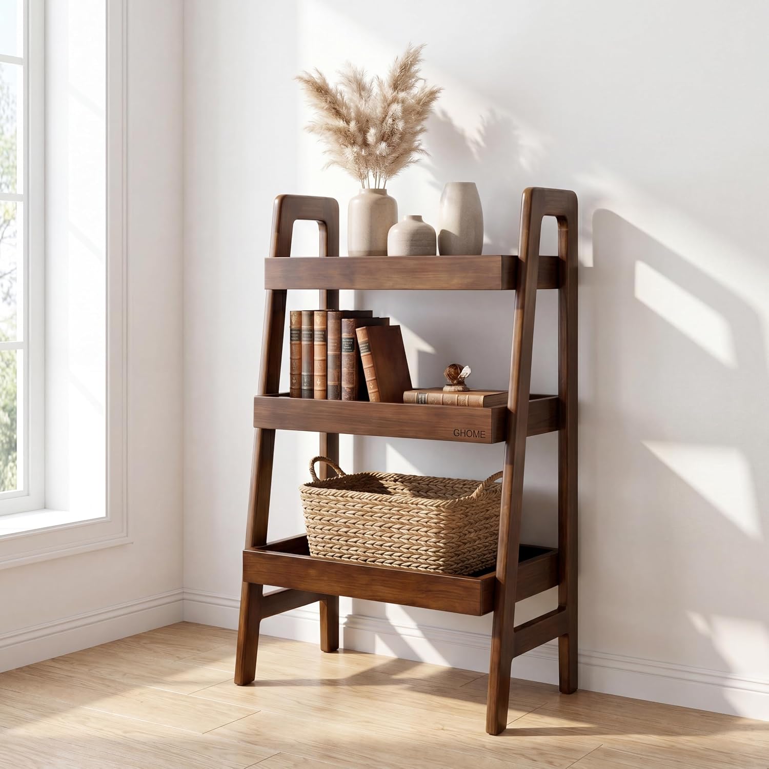 3-Tier Ladder Shelf, Solid Wood Freestanding Bookshelf | Natural Wood Shelf with Open Storage, Raised Edges and Compact Design for Books, Plants, Décor and Small Spaces