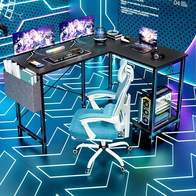 Sweetcrispy L Shaped Computer Desk - Corner Gaming PC Table with CPU Stand Side Bag for Home Office Dorm Sturdy Writing Studying Workstation Modern Simple Reversible, 50-Inch, Inky Black