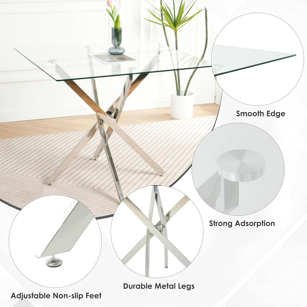 5 Pieces Silver Glass Dining Table Set, Modern Luxury Square Kitchen Table Se...