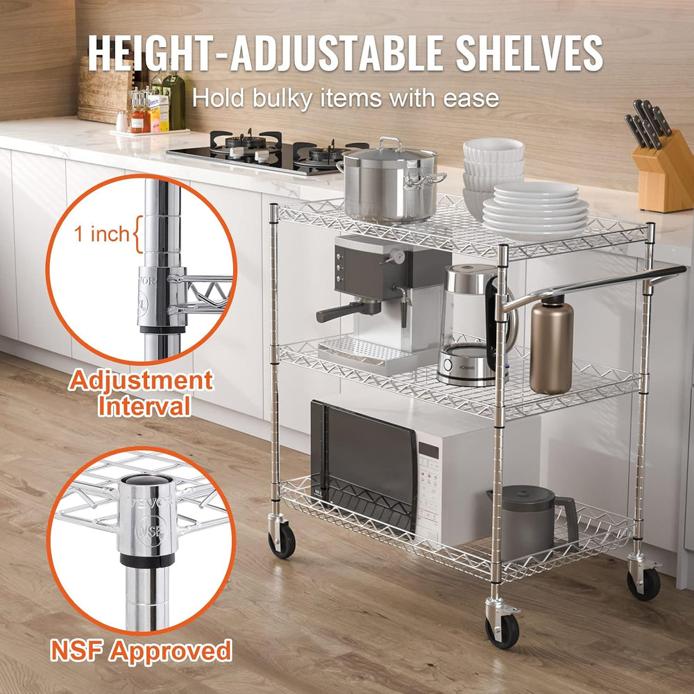 VEVOR Kitchen Utility Cart, 3 Tiers, Wire Rolling Table with 661 LBS Capacity...