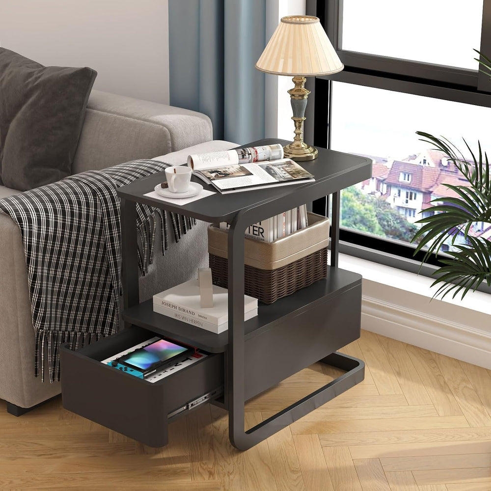 23.6" Tall Narrow Side Table with Drawer and Open Shelf – Modern End Tab...