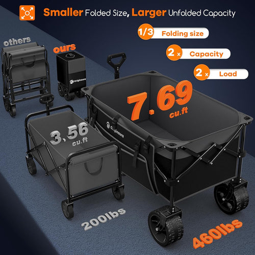 220L Collapsible Wagon Cart Foldable, 460lbs Load Capacity Heavy Duty Folding Beach Wagons with Big All-Terrain Wheels, Utility Carts for Groceries, Shopping, Camping, Sports - Grey&Black