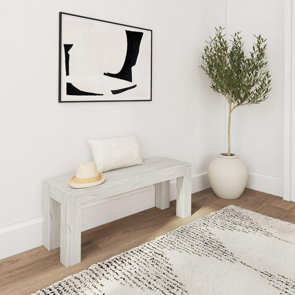 Plank+Beam Modern Dining Bench, 49 Inch, White Sand Wirebrush | Non-Toxic Fin...