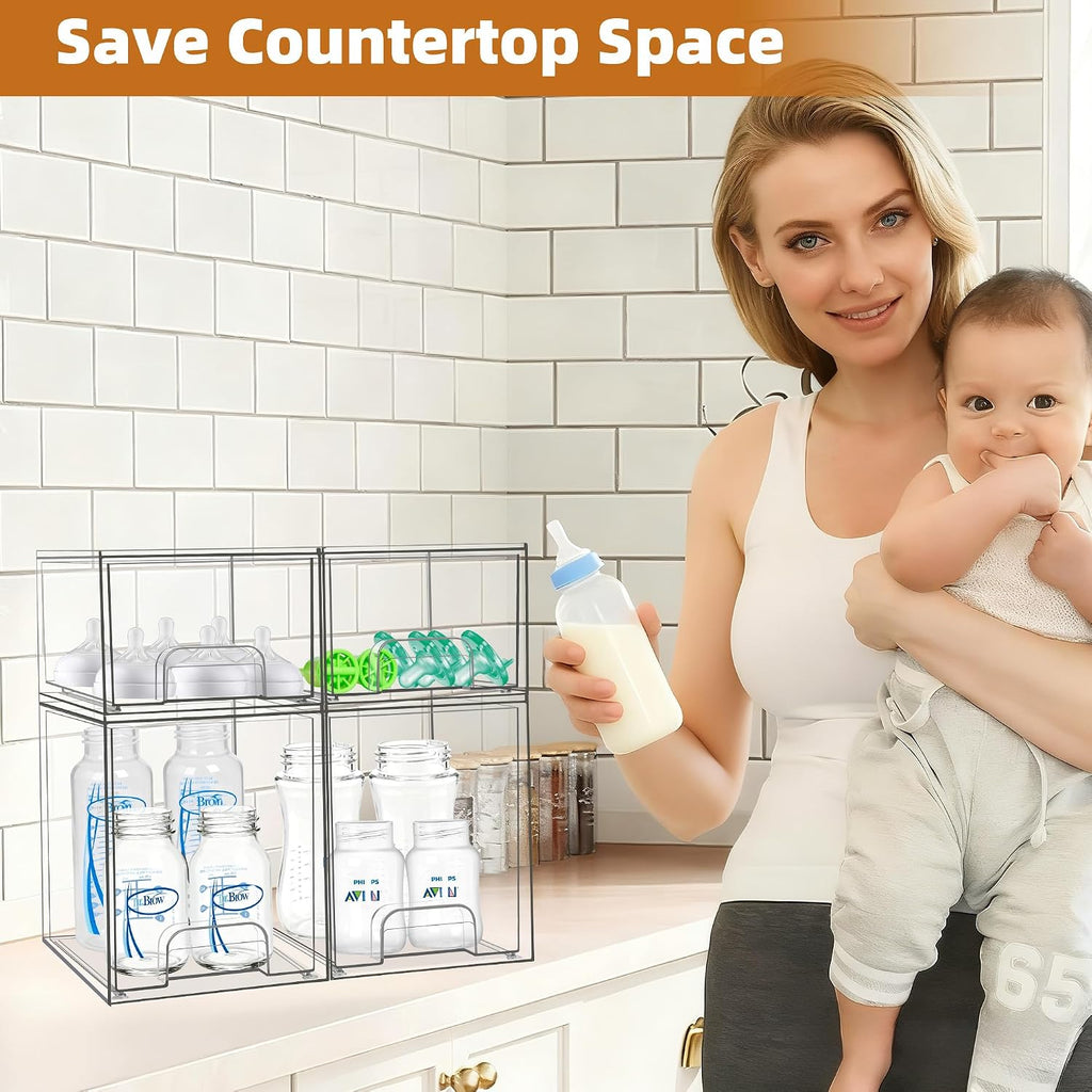 Baby Bottle Organizer, Stackable Storage Drawers with Label, Clear Station Organizers Container for Pacifiers, Pump Parts, Desk Organizer Bins for Bathroom, Cabinet, Pantry, Vanity, Countertop, 4 Pack