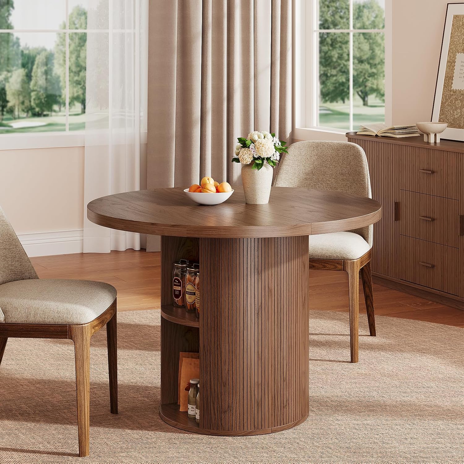 ONBRILL 41-78 Inch Extendable Dining Table for 4-8, Fluted Expandable Kitchen Table with Storage, 2 Leaf, Mid Century Modern Oval Dinner Tables for Dining Room, Kitchen, Living Room, Walnut