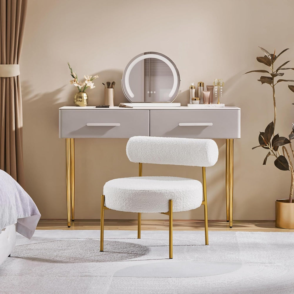 Yaheetech Accent Chair, Modern Tufted Vanity Chair, White | Boucle Fabric Van...