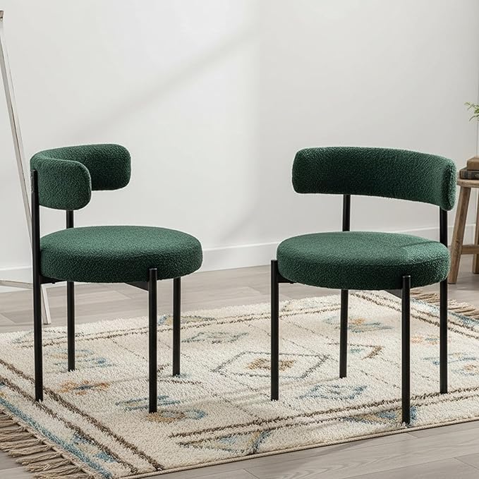 Boucle Dining Chairs Set of 4, Green Dining Chairs with Upholstered Seat and Round Back, Mid-Century Modern Kitchen Chairs for Dining Room, Restaurant