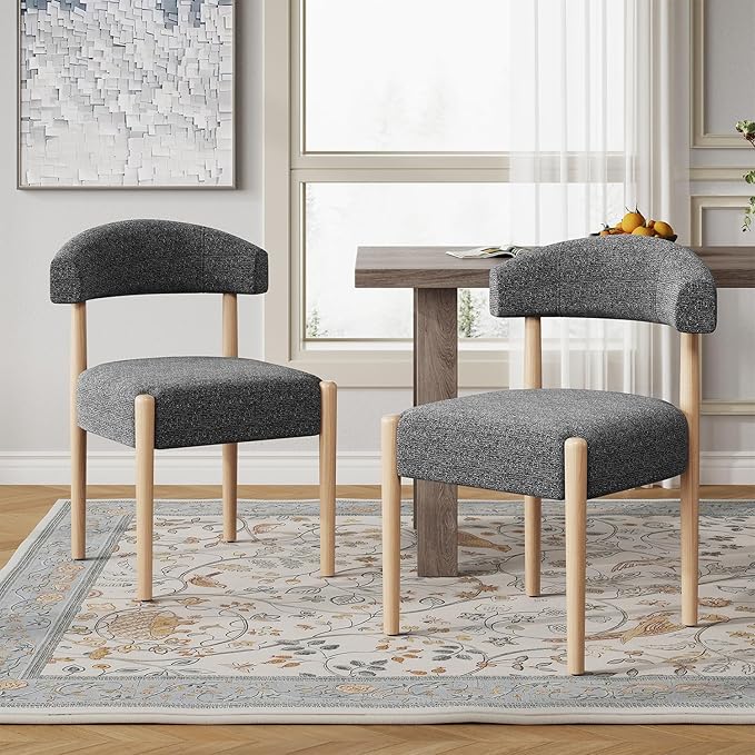VKNOW Wooden Dining Chairs Set of 2, Modern Upholstered Dining Room Chairs with Rubberwood Legs and Curved Backrest, Fabric Kitchen Chairs for Farmhouse/Living Room/Dining Room, Black