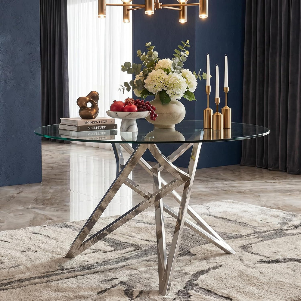 Glass Round Dining Table, 47.2" Modern Round Table with Silver Mirrored ...