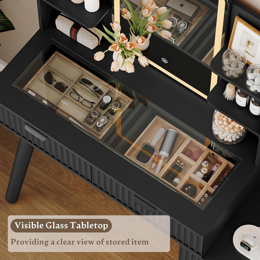 Vanity Desk With HD Lighted Mirror and Lights, Fluted Small Makeup Vanity wit...