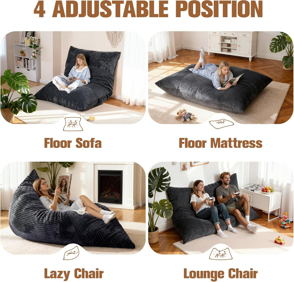 nalone 6.4 FT Giant Bean Bag Chair for Adults, 4 in 1 Memory Foam Filled Beanbag Chair, Floor Sofa Bed with Fluffy Washable Flannel Cover, Lounge Couch for Bedroom, Living Room (Grey)