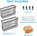 Wall Organizer Baskets, Lid Organizers Inside Cabinet with 2 Caddy Adhesive, Cabinet Door Organizer with 2 Sponges, 4 Hooks, Cabinet Door Storage for Foil Aluminum Roll, Black, 2 Pack (Small, Medium)