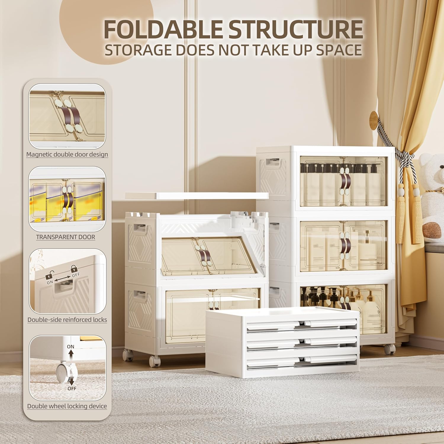 108 QT / 27 Gal Magnetic Double Door Cabinet with Wheels - Foldable Stackable Design, Leather Handles, Water Resistant Organizer for Bathroom, Kitchen
