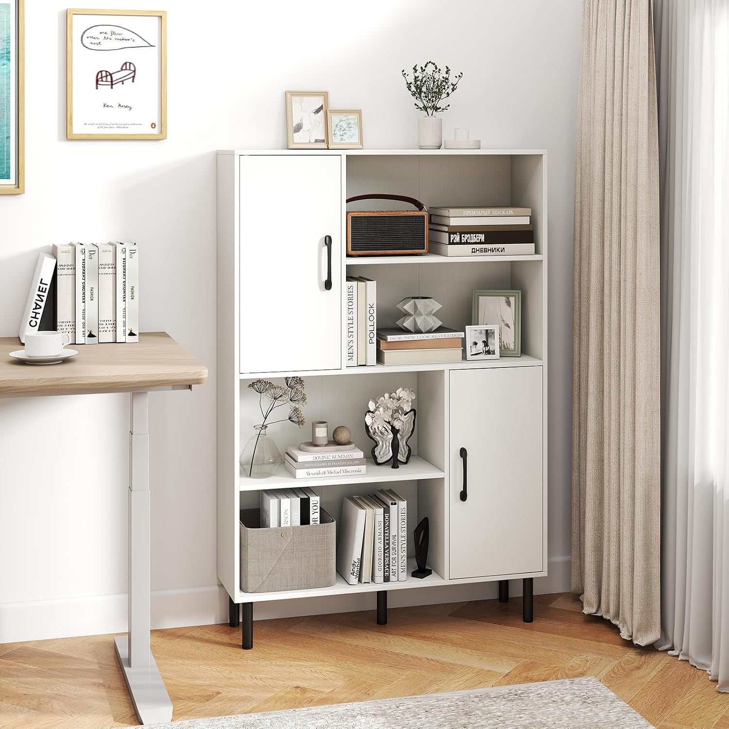 Giantex 47-Inches Storage Cabinet with Doors, Open Shelves, Anti-Tipping Device, 4-Tier Bookcase for Books & Photos, Tall Cupboard, Floor Cabinet for Living Room, Kitchen Buffet Sideboard