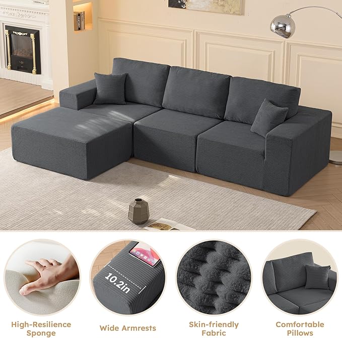 Modular Sectional Couch Modern 108" L Shaped Boneless Cloud Couch with Deep Seat, Sectional Sofa for Living Room Bedroom Apartments Dorms, No Assembly Required, Dark Grey