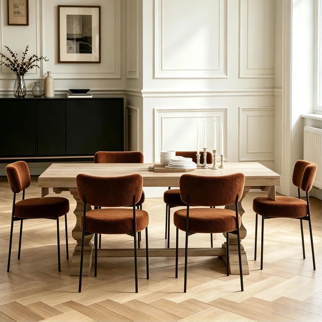 Boucle Dining Chair Set of 2, Mid Century Modern Upholstered Kitchen Chairs with Curved Backrest & Black Metal Legs, Round Dining Room Chairs, Brown