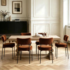 Boucle Dining Chair Set of 2, Mid Century Modern Upholstered Kitchen Chairs with Curved Backrest & Black Metal Legs, Round Dining Room Chairs, Brown