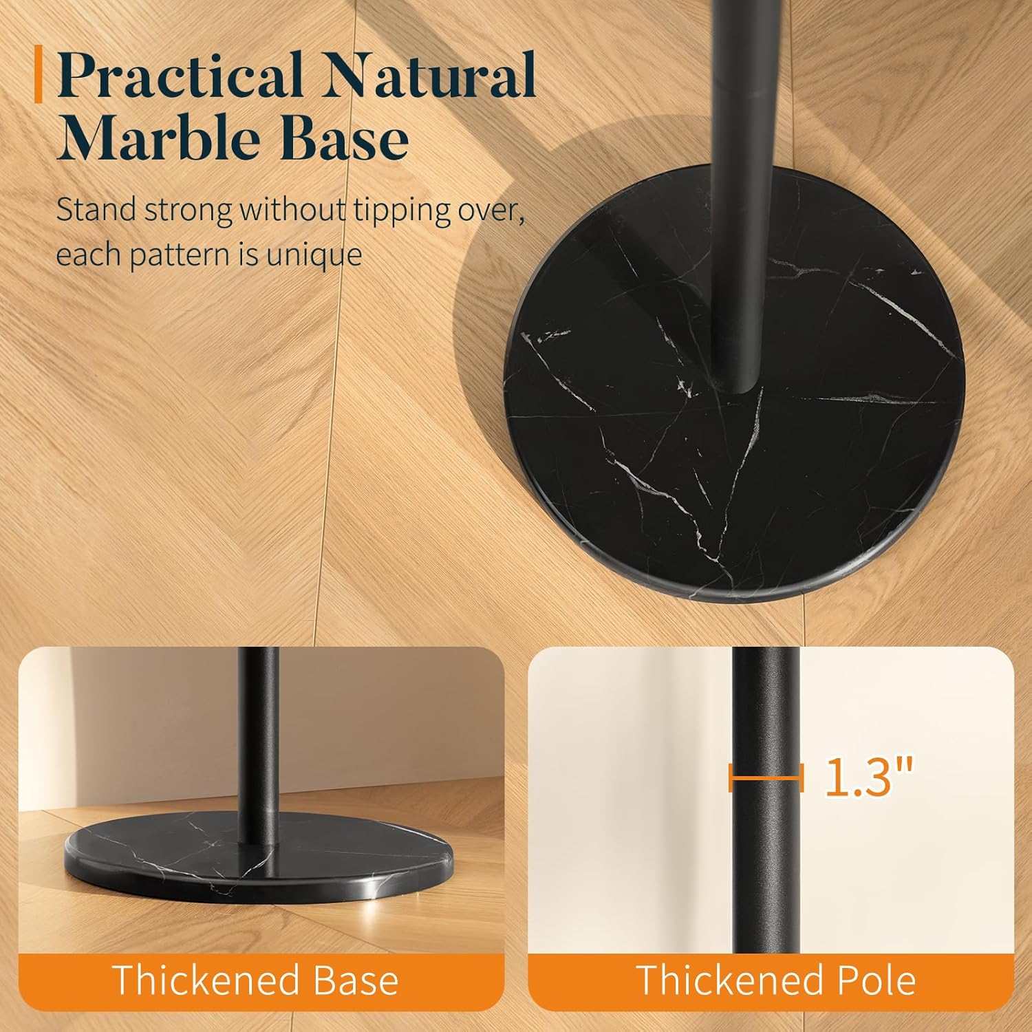 Yoobure Coat Rack Freestanding with Natural Marble Base - Coat Tree with 8 Hooks Heavy Duty Coat Hanger Stand, Metal Coat Rack Stand for Jacket, Hat, Clothes & Bag, Hall Tree Hat Rack for Entryway