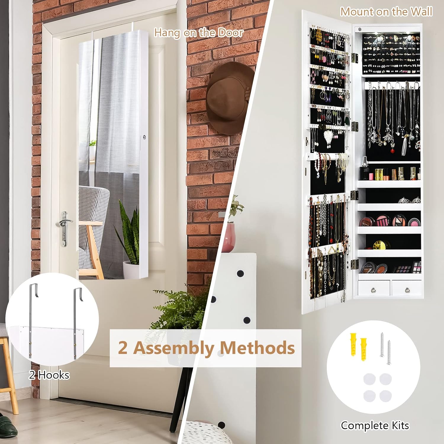 Byroce 47.5''H Jewelry Armoire, Over the Door/Wall Mounted, Full Length Mirror with Jewelry Storage, 2-LED Lockable Jewelry Cabinet with 2 Drawers, Hanging Jewelry Organizer for Bedroom (White)