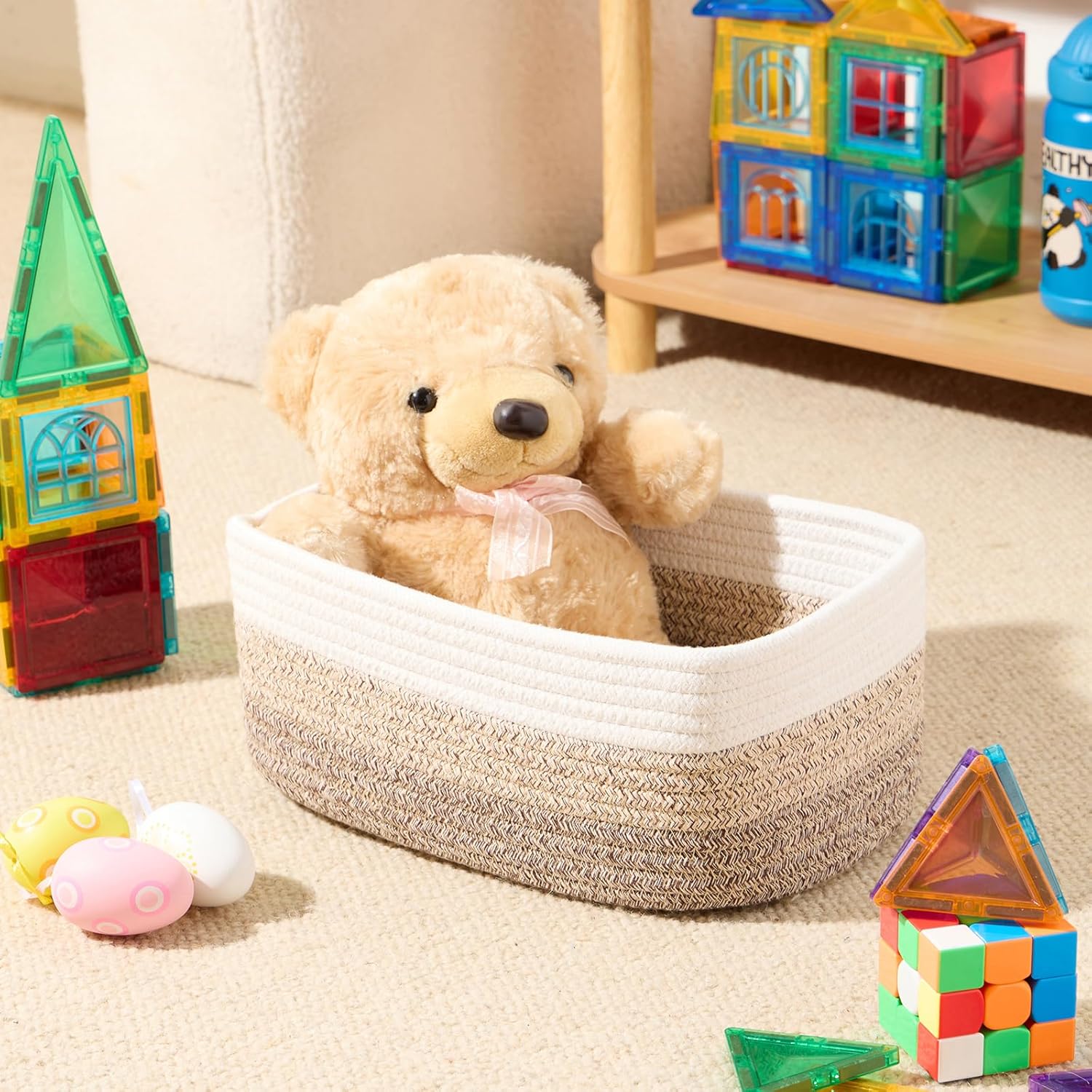 Small Storage Baskets for Organizing | Closet Organizer Bins | Shelf Toy Basket | Woven Rope Baskets | Cube Decorative Box | Shallow Basket |11.5x7.5x4.7”| 4 Packs Gradient Brown