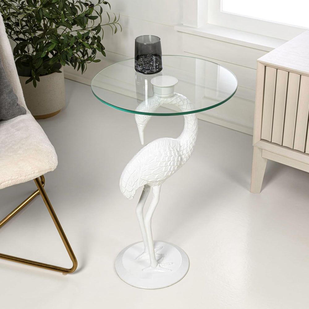 JONATHAN Y Blanche 25" White Iron and Glass Flamingo End Table with Scul...