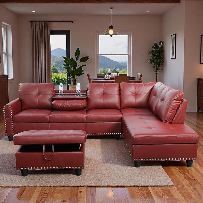 Sectional Couches for Living Room with Movable Chaise & Storage Ottoman - 97.5" Leather L Shaped Couches for Living Room Apartment, Home Modular Sectional Sofas with Cup Holder, Red