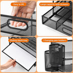 Lavatino 5 Tier Paper Organizer for Desk, Letter Tray with Drawer and 2 Pen Holders, Mesh File Sorter, Desktop Document Shelf Storage Organization Office School Home Black With Drawer