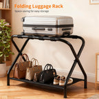 Heybly Luggage Rack for Guest Room, Pack of 2, Steel Folding Suitcase Stand with Storage Shelf for Bedroom, Hotel, Foldable Steel Frame, Guest Room 26.2" L x 14.4" W x 20.5" H, Black HLR004B2
