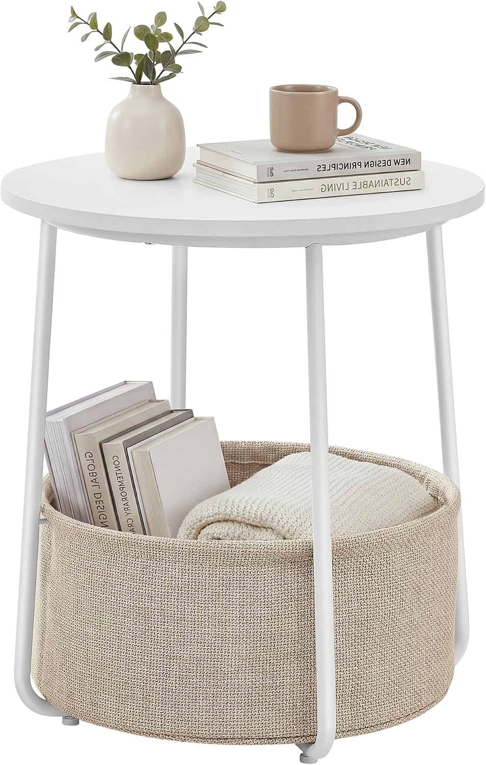 SONGMICS HOME Small Side Table, Round End Table, 2 Tier Nightstand with Baske...