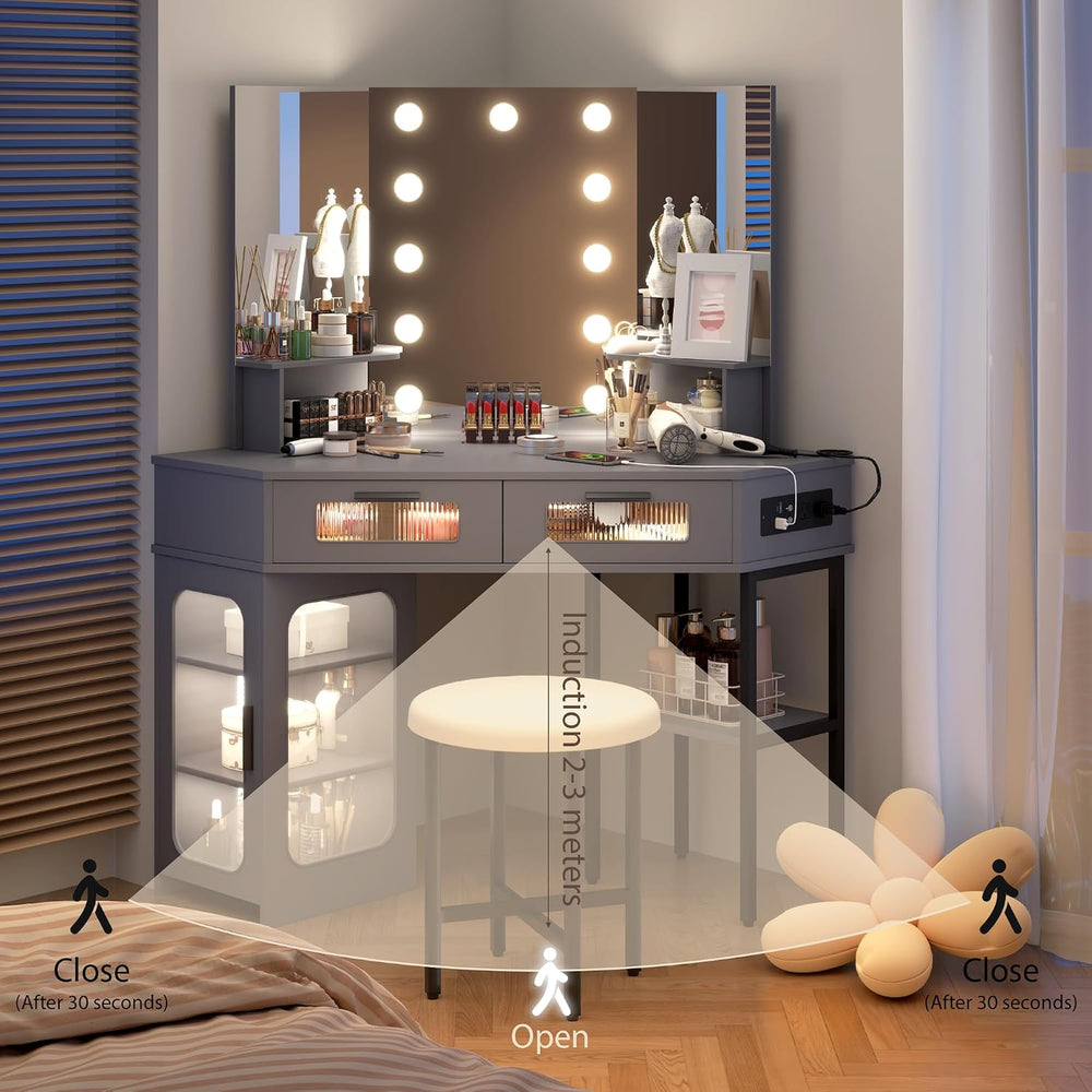 Lareth 45.5" Large Corner Vanity Desk with 3 Way Mirror and Lights | Mod...