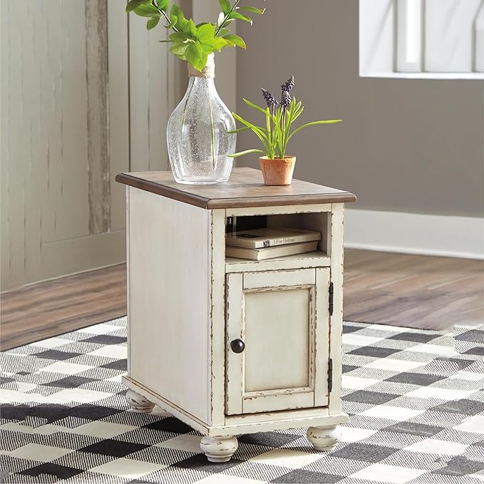 Signature Design by Ashley Realyn French Country Chair Side End Table with Outlets & USB Ports, Cream