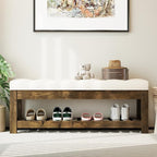 Large Upholstered Ottoman Bench Entryway Storage Benches Tufted Linen Ottoman Bench with Solid Wood Shelf Padded End of Bed Bench for Bedroom Living Room Hallway Decor